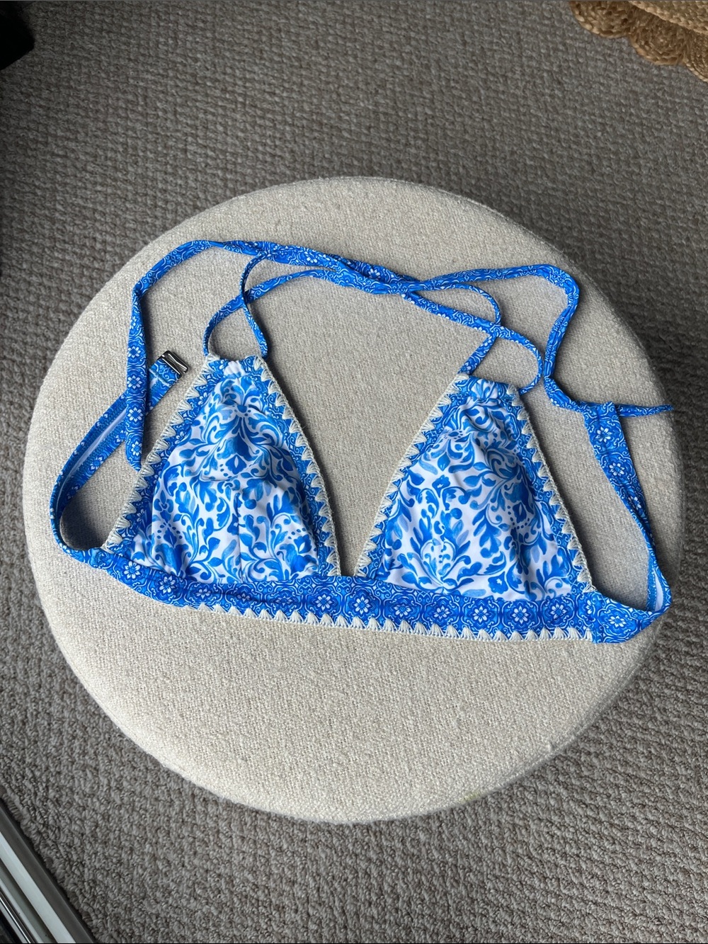 Blue and White Floral Triangle Bikini Top